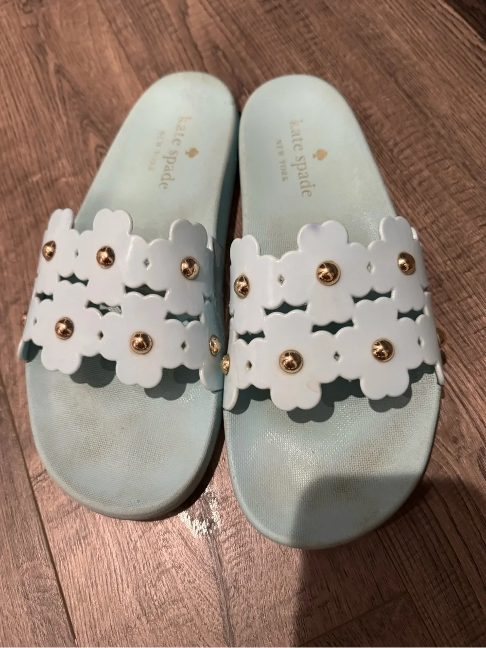 kate spade Light Blue Kids' Scallop Slide Sandals with Gold Studs